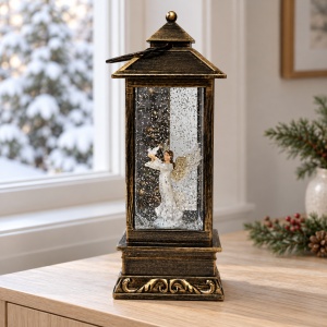 Felinar decorativ de Craciun cu LED si muzica, Inger cu porumbel, 27x10 cm, Bronz antichizat - Img 6