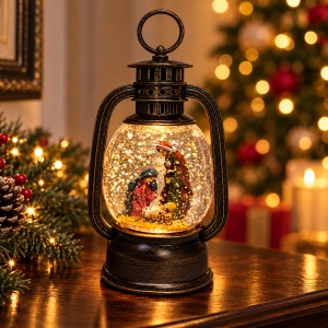 Felinar decorativ de Craciun cu LED si muzica, Nasterea Domnului, 16x10 cm, Bronz antichizat - Img 6