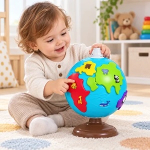 Glob educativ interactiv Lucky Baby, cu puzzle continente si animalute, multicolor, 21 cm, 18 luni+ - Img 2