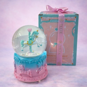 Glob muzical din sticla cu unicorn, suport din rasina si iluminare decorativa, Turcoaz