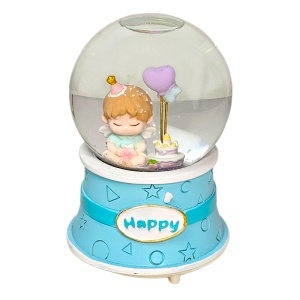 Glob muzical si luminos cu ingeras si tort, decor pastel albastru, in cutie cadou eleganta