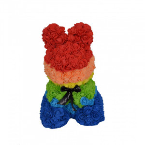 Iepuras floral multicolor din trandafiri de spuma, decorat manual, in cutie cadou, 40 cm
