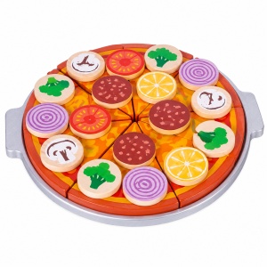 Joc de feliat Pizza din lemn, cu toppinguri detasabile, tava si cutit, 3+ ani