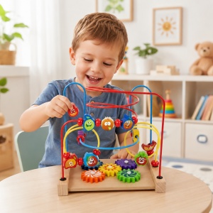 Labirint educational din lemn cu fructe, margele si roti dintate, multicolor, 3+ ani - Img 2