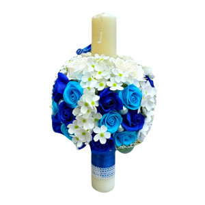 Lumanare de botez cu Mickey Mouse, hortensi, trandafiri din sapun si perle, baiat