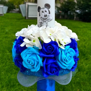 Lumanare de botez cu Mickey Mouse, hortensii si trandafiri din sapun, baiat, Albastru - Img 3