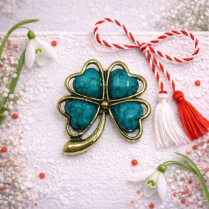 Martisor brosa, trifoi cu patru foi, piatra verde