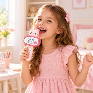 Microfon karaoke Bluetooth pentru copii cu boxa detasabila, efecte sonore si cablu USB, model Pisicuta, Roz, 3 ani+ - Img 3
