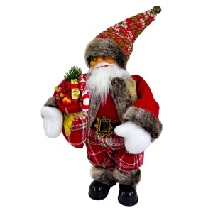 Mos Craciun animat care canta si danseaza, cu felinar si saculet cu cadouri, imbracat festiv, 35 cm, Rosu-Maro