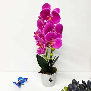 Orhidee fucsia cu aspect natural in ghiveci ceramic alb, 50 cm