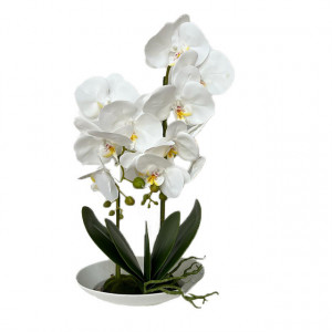 Orhideea aritificiala cu aspect natural in ghiveci ceramic, stil barcuta, alb