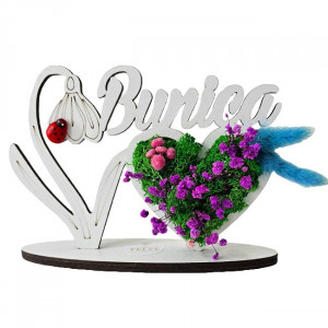Ornament din lemn Draw Me, ce poate fi personalizat cromatic, cu tematica individuala (Bunica), buburuza rosie, licheni stabilizati si imortele, Albastru deschis - Img 5