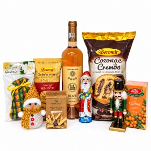 Pachet cadou Christmas Moment, cu vin roze, cozonac, ceai, covrigi, ciocolata, Spargator de nuci si om de zapada cu led - Img 2