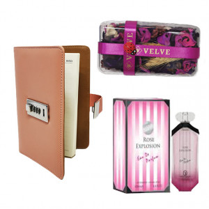 Pachet cadou pentru femei TravelHome, agenda cu cod, Parfum Grandeur Elite 100ml si flori uscate parfumate