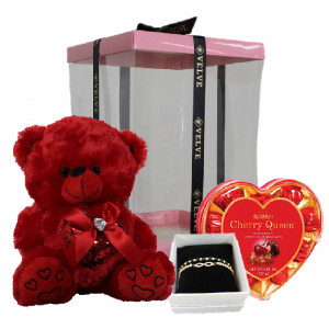 Pachet cadou pentru indragostiti, Sparkle, ursulet de plus cu sunet/mesaj de iubire, 25 cm, set doua bratari inox si praline Cherry Queen Rochen, ambalate in cutie cadou