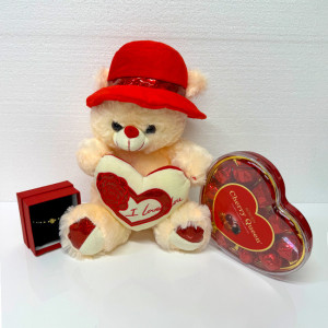 Pachet cadou pentru indragostiti, Sparkle, ursulet de plus 45cm, bratara cu sur,  praline Cherry Queen Rochen122gr. ambalate in cutie cadou