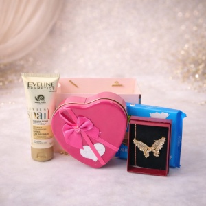 Pachet cadou Tenderness, cu brosa martisor fluture, crema pentru maini Eveline Royal Snail, ciocolata Ritter Sport Alpin Milk si cutie metalica cu trandafiri de sapun si ursulet plus, in punga eleganta tip poseta, Roz