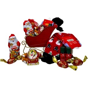 Pachet Christmas Delight, cu sanie decorativa umplută cu bomboane, glob decorativ, sosete tematice, uleiuri parfumate Aroma Land, Mos Craciun Kinder - Img 2