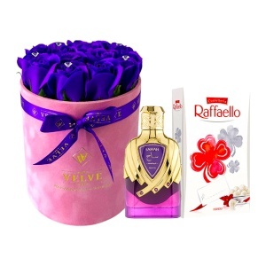 Pachet Crystal Beauty, cu aranjament floral, parfum arabesc Extrait de parfum Samah Amethyst, Riiffs, Femei 100 ml, praline Raffaello 80g, Mov