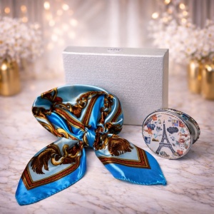 Pachet Elegance pentru femei, cu esarfa eleganta si oglinda, in cutie cadou, Albastru multicolor