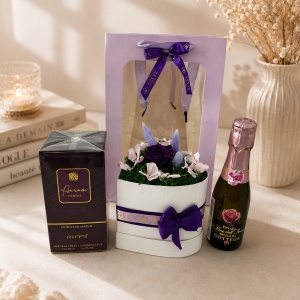 Pachet elegant cu parfum Riiffs Aurum Femme, aranjament cu trandafir criogenat mov in cutie inima si prosecco Bottega 200 ml - Img 4