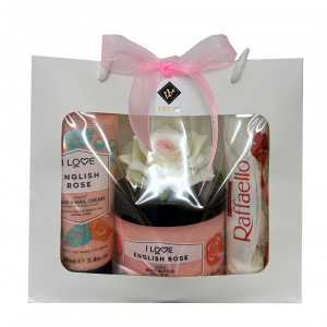 Pachet GiftDay pentru dama, Unt de corp 200ml, Crema de maini 100ml,praline Raffaello 80gr si un trandafir de spuma in punga cadou - Img 4