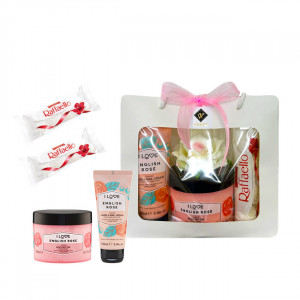 Pachet GiftDay pentru dama, Unt de corp 200ml, Crema de maini 100ml,praline Raffaello 80gr si un trandafir de spuma in punga cadou