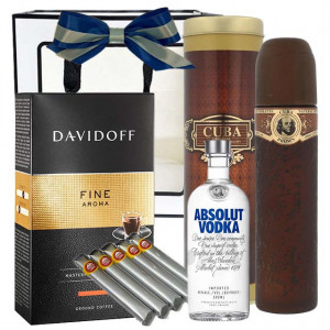 Pachet goldishold pentru barbati, Parfum Cuba 130ml, cinci trabucuri, Absolut Vodka 200ml, cafea Davidoff Fine