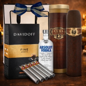 Pachet goldishold pentru barbati, Parfum Cuba 130ml, 5 trabucuri, Absolut Vodka 200ml, cafea Davidoff Fine