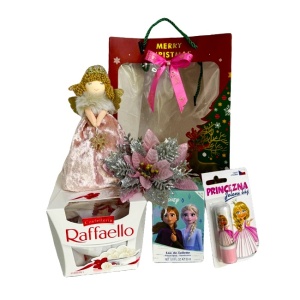 Pachet cadou Merry Christmas, praline Raffaello 150gr, Apa de toaleta Frozen 30ml, balasam de buze Princezna 4.8gr, decoratiuni craciun, ambalate in punga cadou imprimeu sarbatori