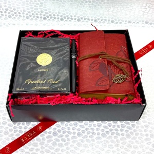 Pachet Opulent pentru barbati, cu jurnal vintage, pix, parfum arabesc Lattafa Opulent Oud 100 ml, in cutie cadou detaliu