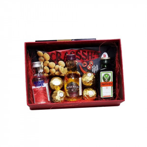 Pachet cadou Happy, cutie rosie eleganta cu selectie de bauturi alcoolice miniatura, praline si alune picante