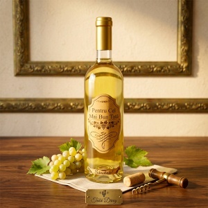 Pachet premium vin alb "Pentru cel mai bun Tata” in cutie din lemn gravata cu ilustratie conac - Img 4