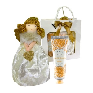 Pachet Secret Santa, cu ornament ingeras si crema de maini Vivian Gray 30ml, in punga cadou eleganta, 15x14cm