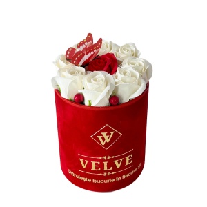 Pachet Special Valentine, cu perna tip inima brodata "Te iubesc", praline Raffaello 80gr, aranjament floral 9 trandafiri din sapun, Rosu