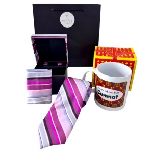 Pachet Twist Elegance pentru cumnat, cana personalizata si cutie 3 piese cu cravata, batista si butoni, Mov-Gri