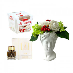 Pachet Vaza Adonis cu aranjament floral inclus, praline Raffaello 150gr, parfum arabesc Apa de Parfum Signatures No 3, Maison Alhambra, Unisex - 50ml