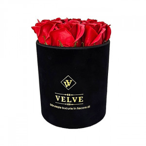 Pachet Velvet, cu 9 trandafiri de sapun, in cutie neagra de catifea, Rosu, suport bijuterii in forma de silueta si pantof 1