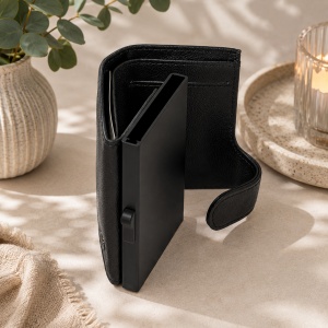Portcard unisex Hassion din piele naturala, 9x7x2cm, Negru