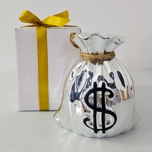 Pusculita din ceramica in forma de saculet, cu sfoara decorativa, 12x13 cm, Argintiu - Img 3