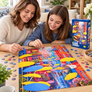 Puzzle Strada cu umbrele colorate, 500 piese, peisaj urban, multicolor - Img 3