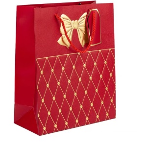 Set 10 pungi pentru cadou, cu maner rezistent, rosu cu funda aurie, 12x7x15 cm