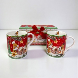 Set 2 cani din ceramica, Gingerbread House, ambalate in cutie cadou eleganta, 150 ml, Rosu - Img 3