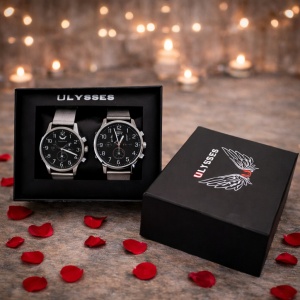 Set 2 ceasuri Ulysses dama si barbatesc, cu bratara din otel inoxidabil, Silver
