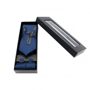 Set 3 piese Elegant, pentru barbati, cravata, buton si batista din stofa, albastru, EC1