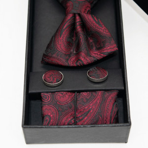 Set 3 piese Mistery, pentru barbati, papion, buton si batista din stofa, rosu-negru, M0