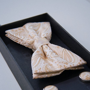 Set 3 piese Mistery, pentru barbati, papion, butoni si batista din stofa, crem cu imprimeu crem , MS107