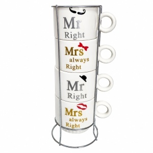 Set 4 cani Mr Right si Mrs Always Right, 200 ml fiecare, cu suport metalic, inaltime 25 cm, in cutie stilizata - Img 2