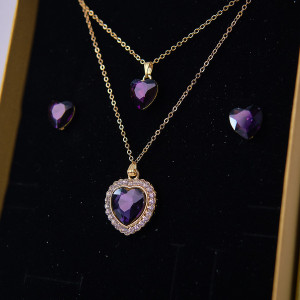 Set accesorii Danser a Deux, din inox, cu cercei, pandativ cu pietre si sirag cu doua lanturi, in cutie eleganta, Gold Heart Mov 3