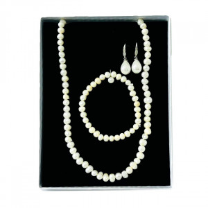 Set accesorii Precious Pearls, colier, cercei și brățară din perle de cultură, in cutie cadou, Alb